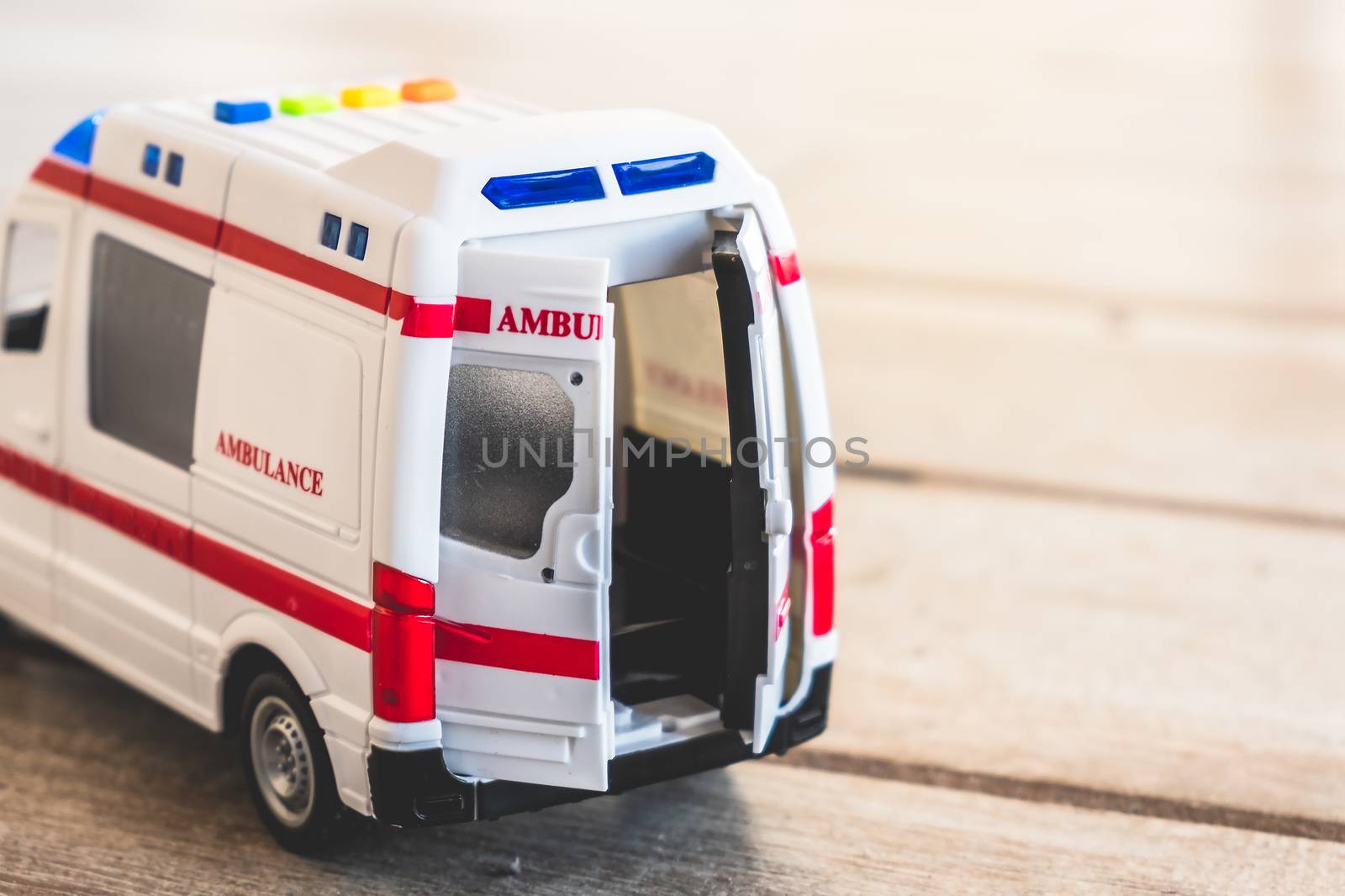 ambulance doors background health care toy close up .