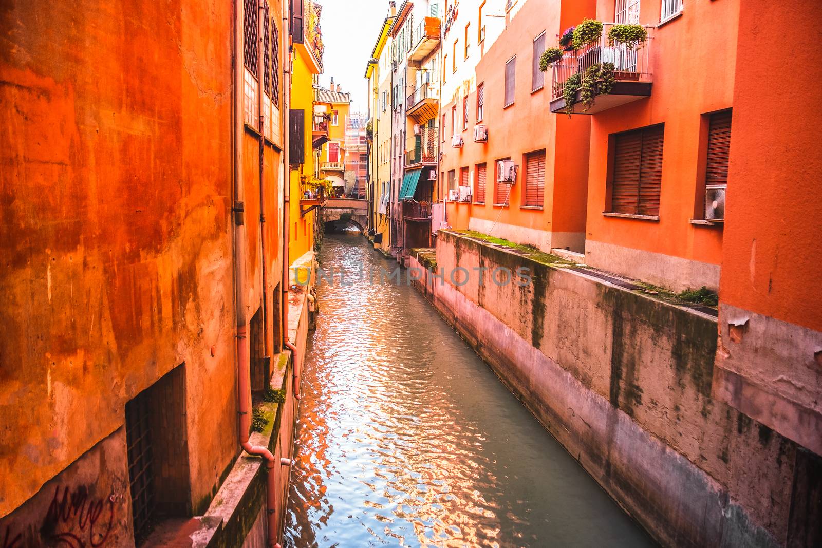 italian houses between the hidden canal of Reno river in Via Oberdan - Bologna - Emilia Romagna - Italy