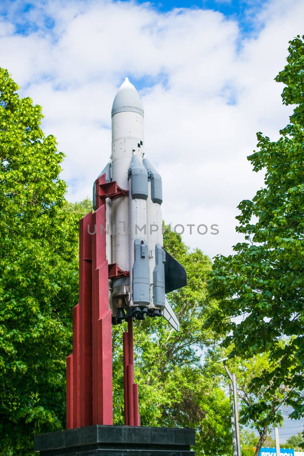 monument with a reduced copy of reusable spacecraft, rocket by alexandr_sorokin