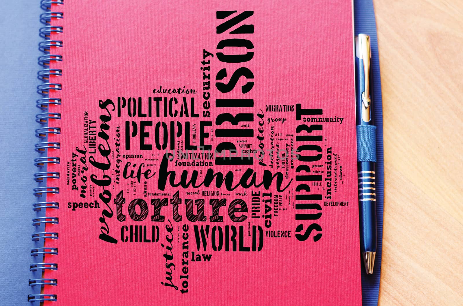 Human word cloud collage over notepad background