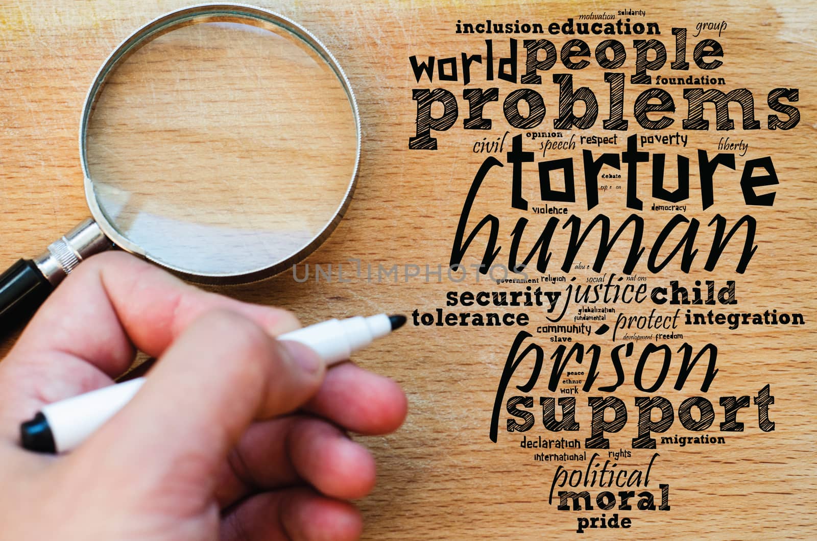 Human word cloud collage over wooden background