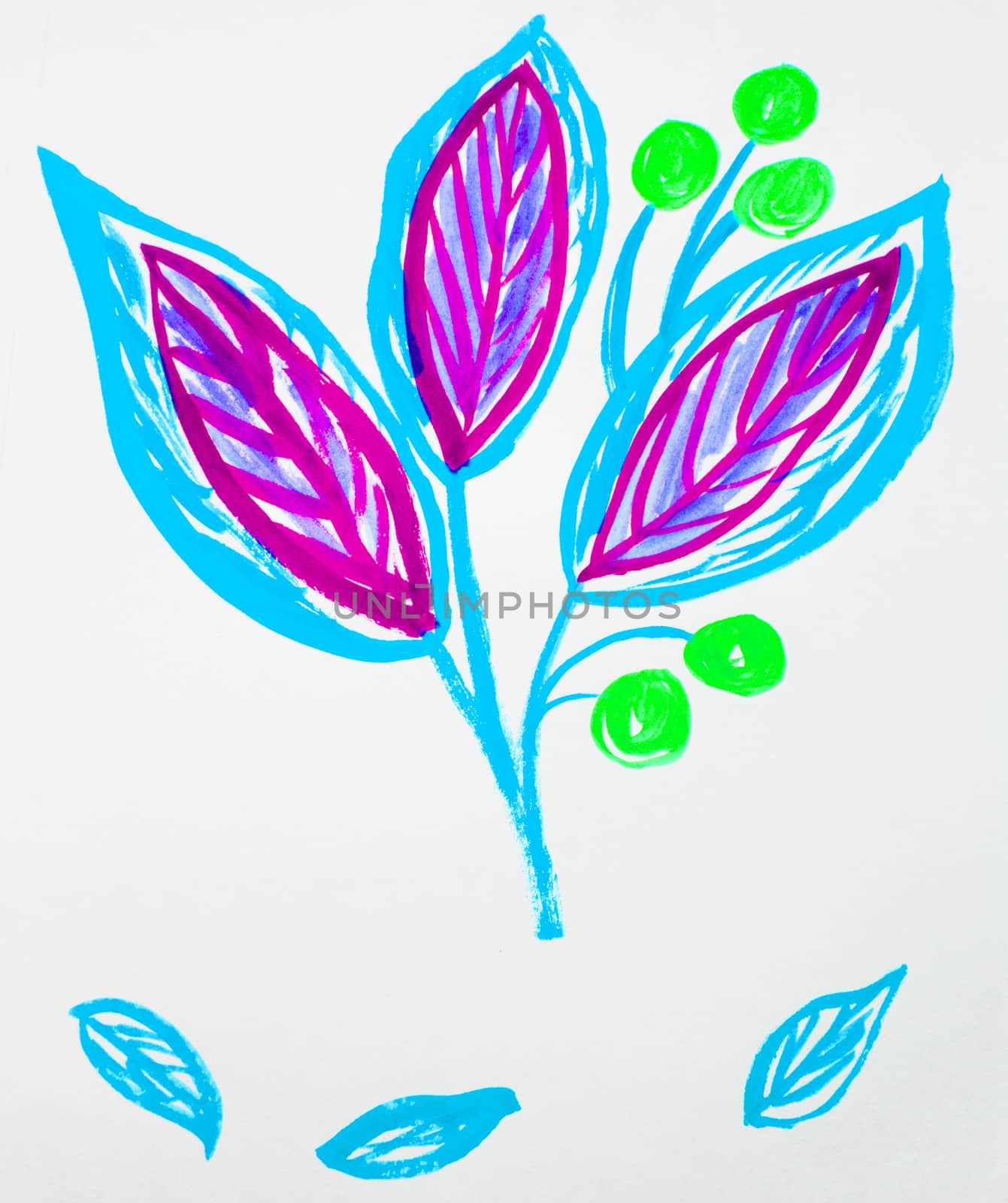 Cute hand-Drawn watercolor flower stem with leaves and berries. Blue and purple, spring flowers, Botanical garden plants by claire_lucia