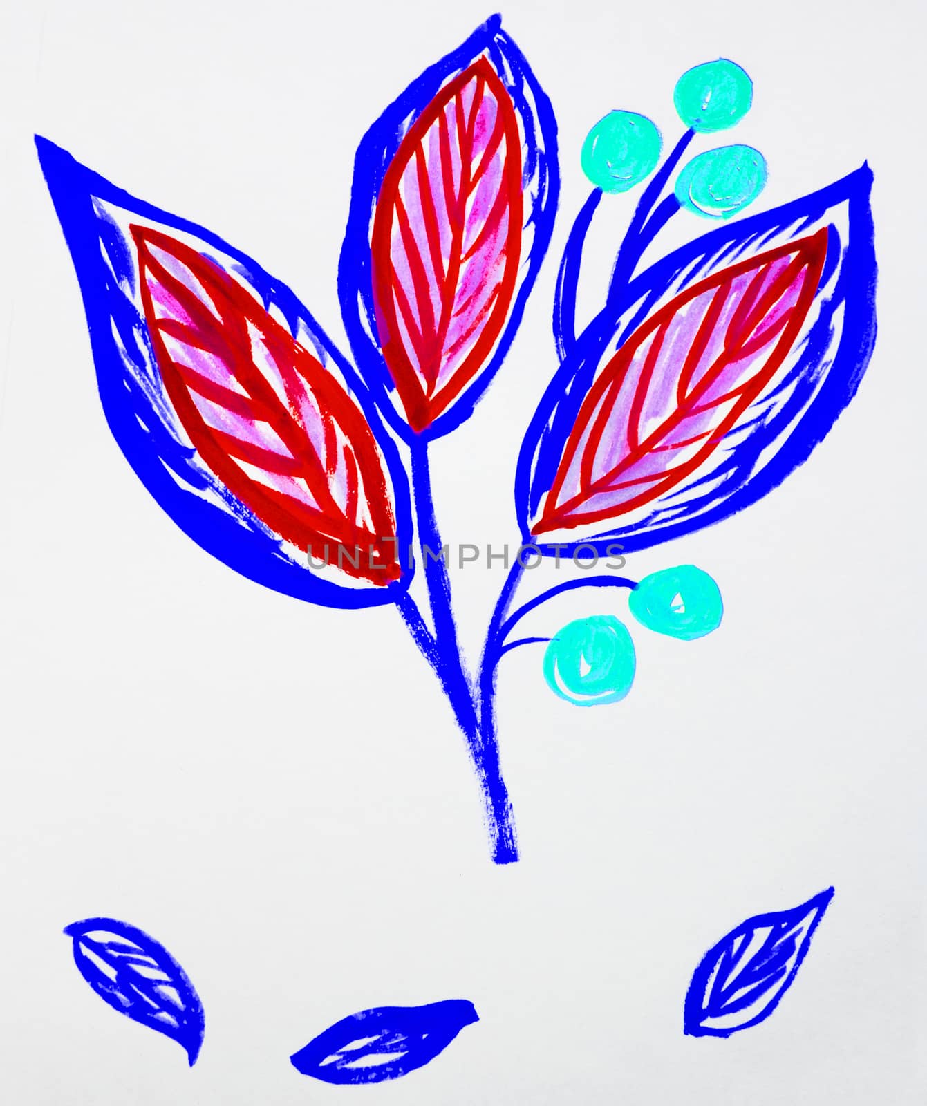 Cute hand-Drawn watercolor flower stem with leaves and berries. Red and purple, spring flowers, Botanical garden plants.