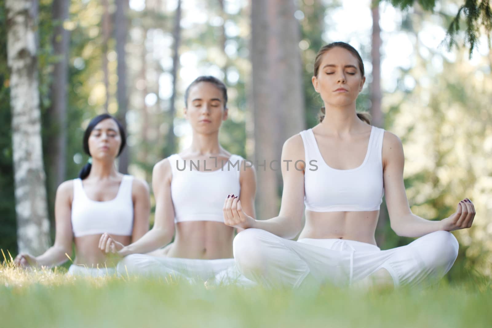 Yoga in the park, group of young women practicing yoga and meditating in the morning