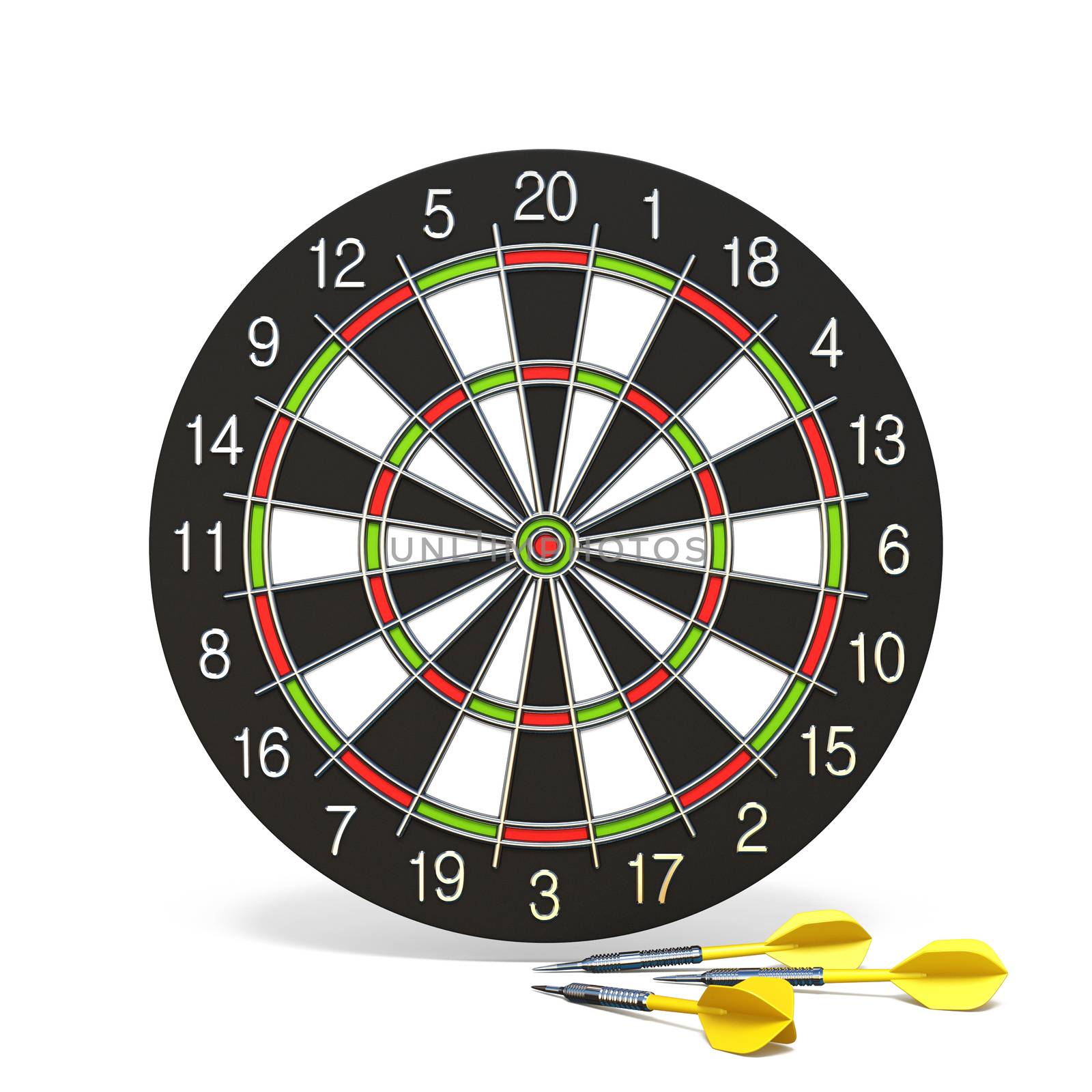 Yellow dart arrows in front of dartboard 3D rendering illustration isolated on white background