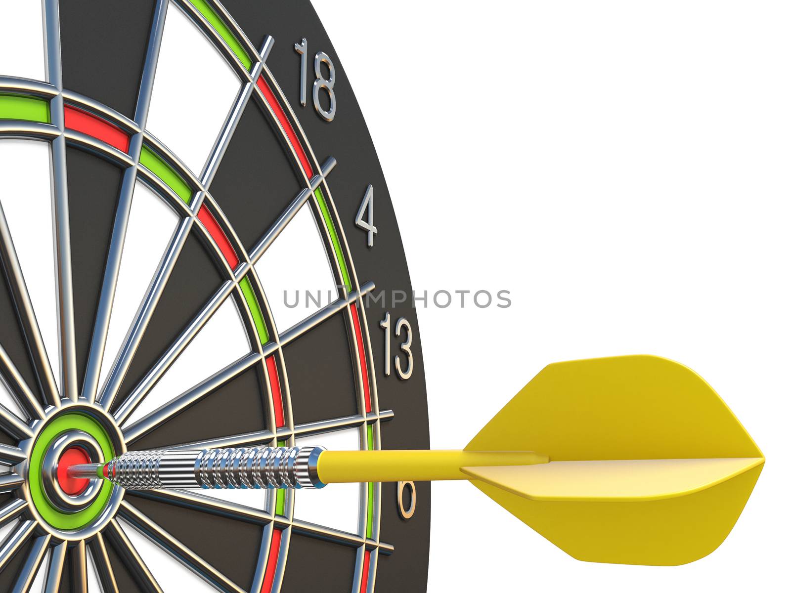 Close up yellow dart arrow on center of dartboard 3D rendering illustration isolated on white background