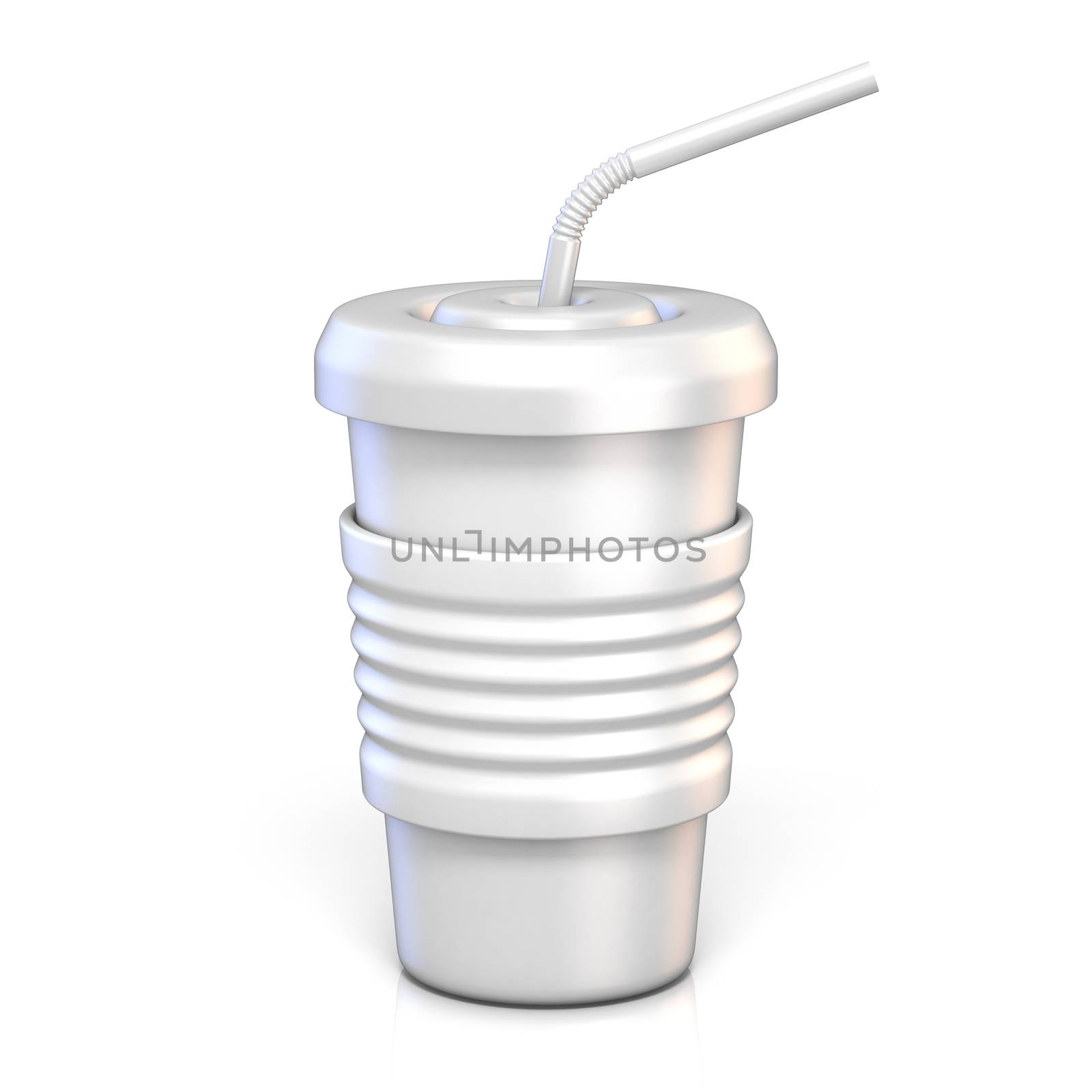 White blank paper glass with drinking straw 3D rendering illustration isolated on white background
