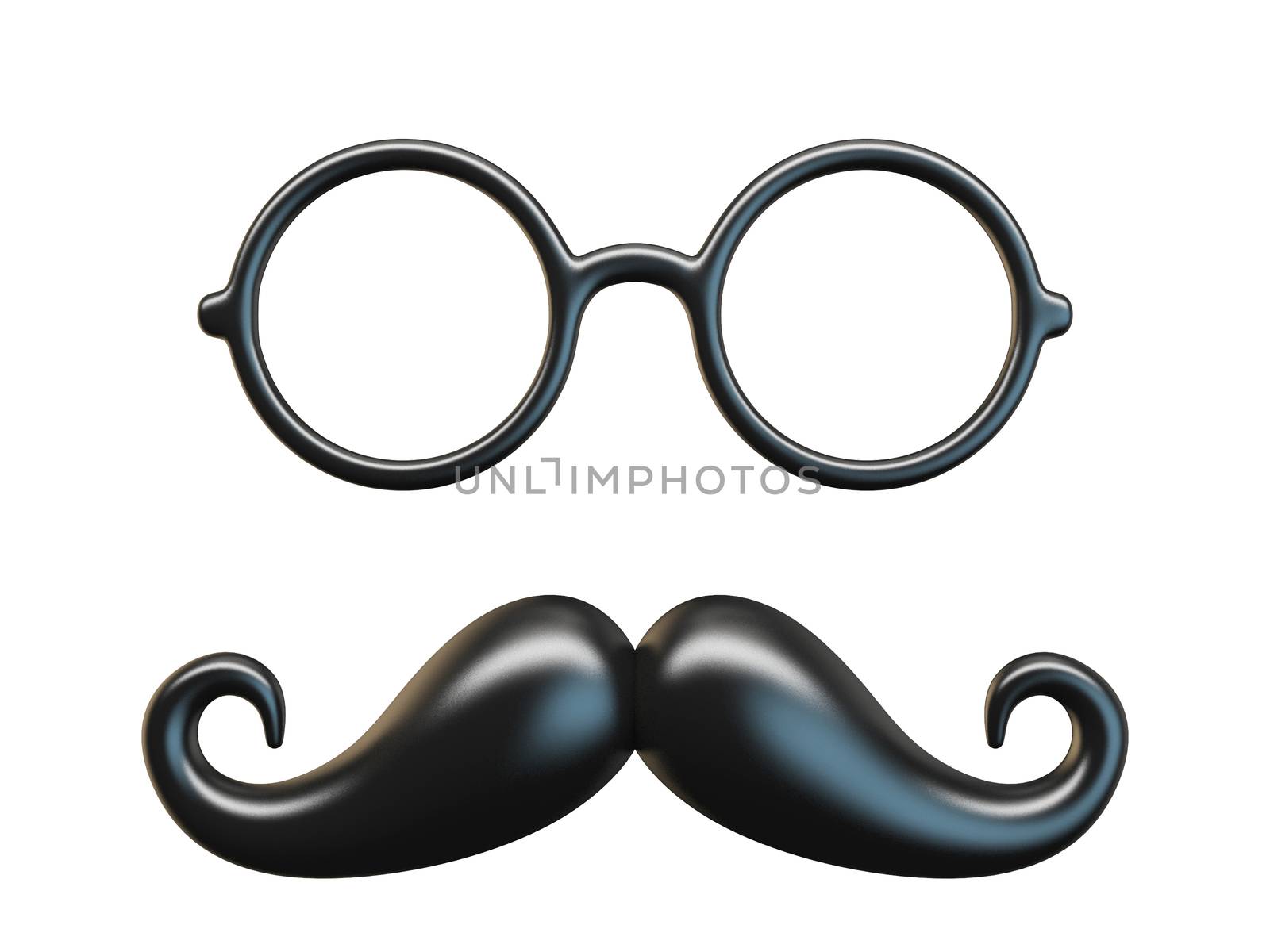 Black mustache and circular glasses 3D rendering illustration isolated on white background
