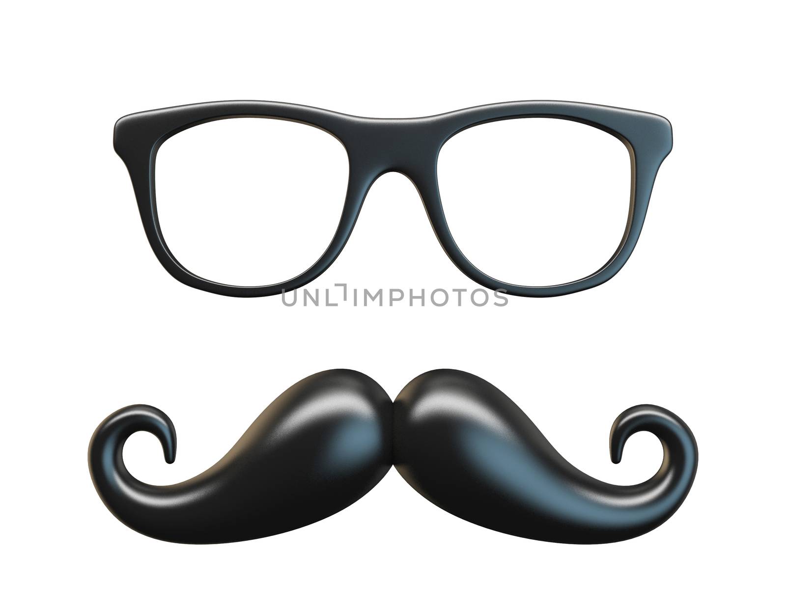 Black mustache and glasses 3D rendering illustration isolated on white background