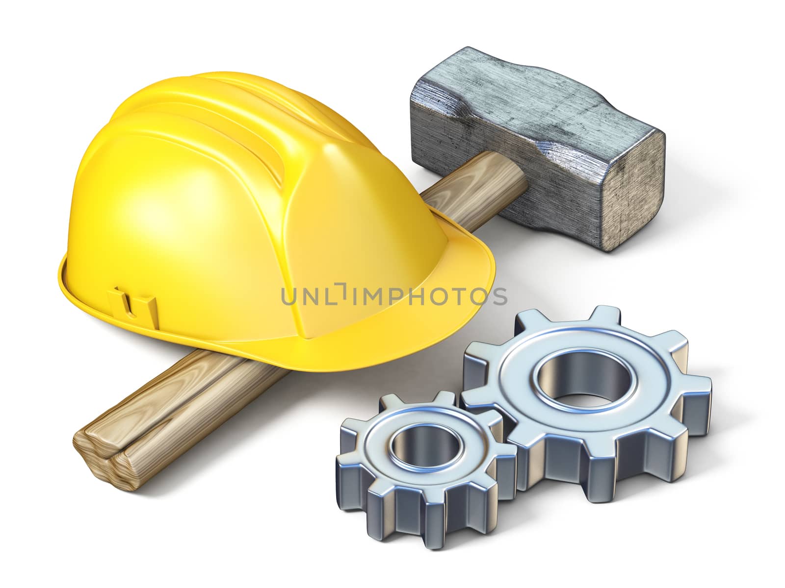 Yellow safety helmet, sledge hammer and metal gears 3D rendering illustration isolated on white background