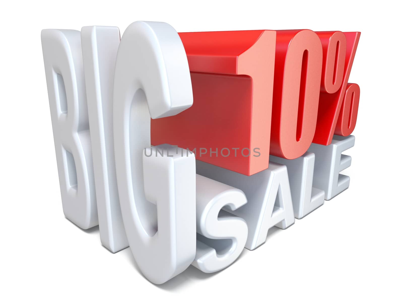 White red big sale sign PERCENT 10 3D render illustration isolated on white background