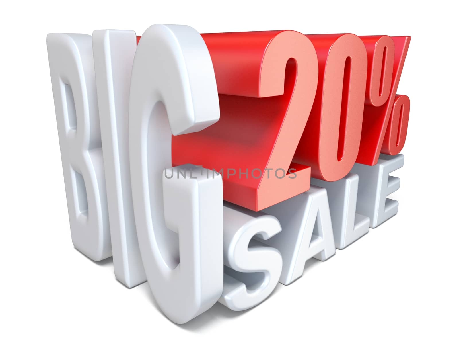 White red big sale sign PERCENT 20 3D render illustration isolated on white background