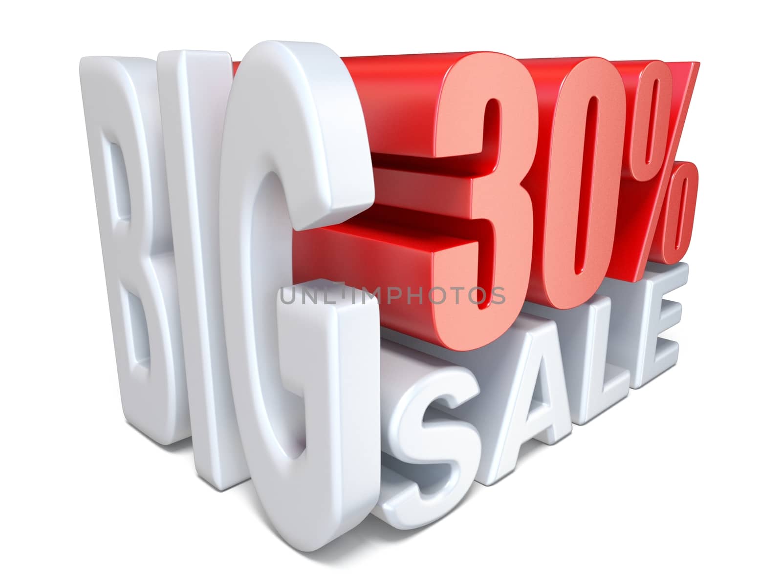 White red big sale sign PERCENT 30 3D render illustration isolated on white background