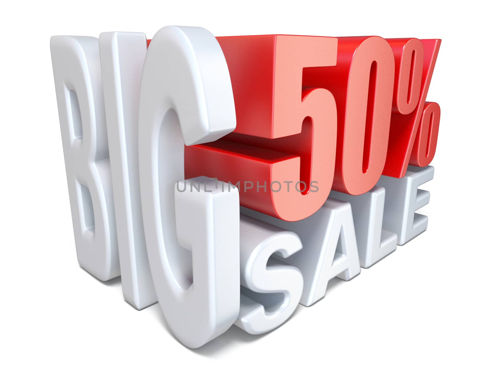 White red big sale sign PERCENT 50 3D render illustration isolated on white background