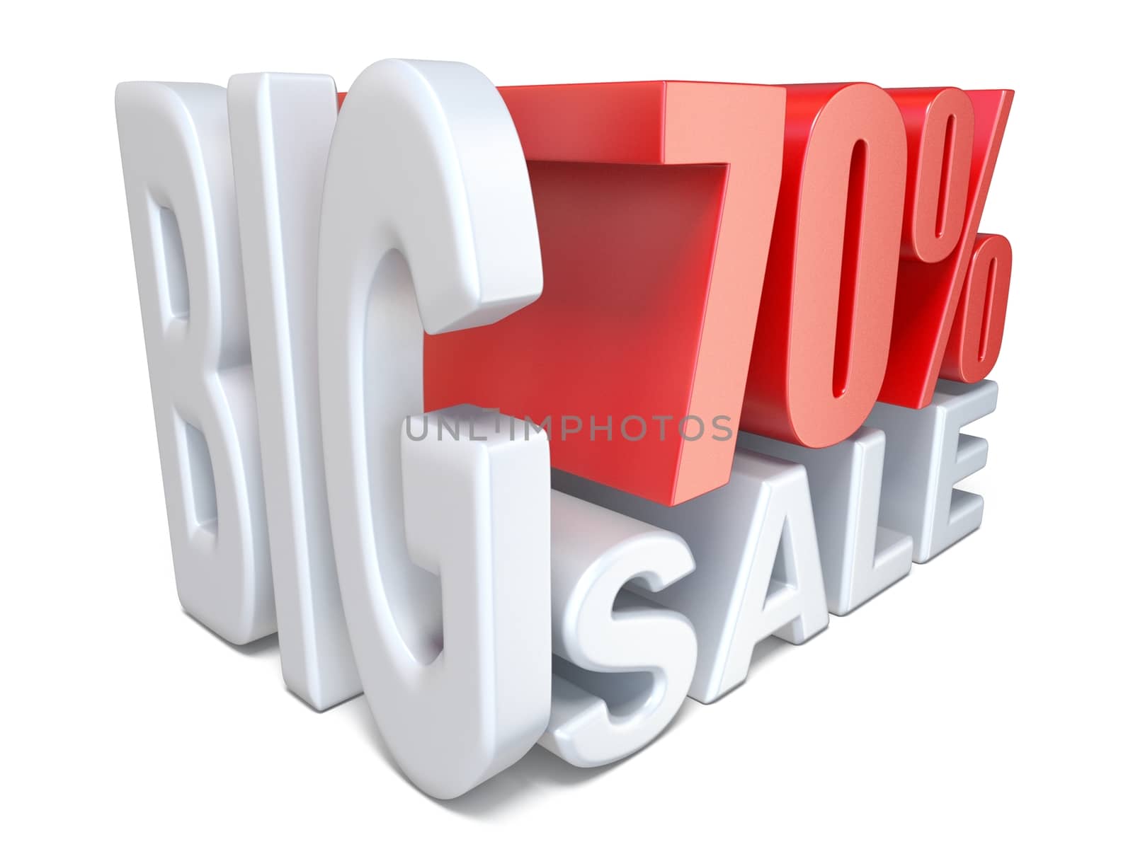 White red big sale sign PERCENT 70 3D render illustration isolated on white background