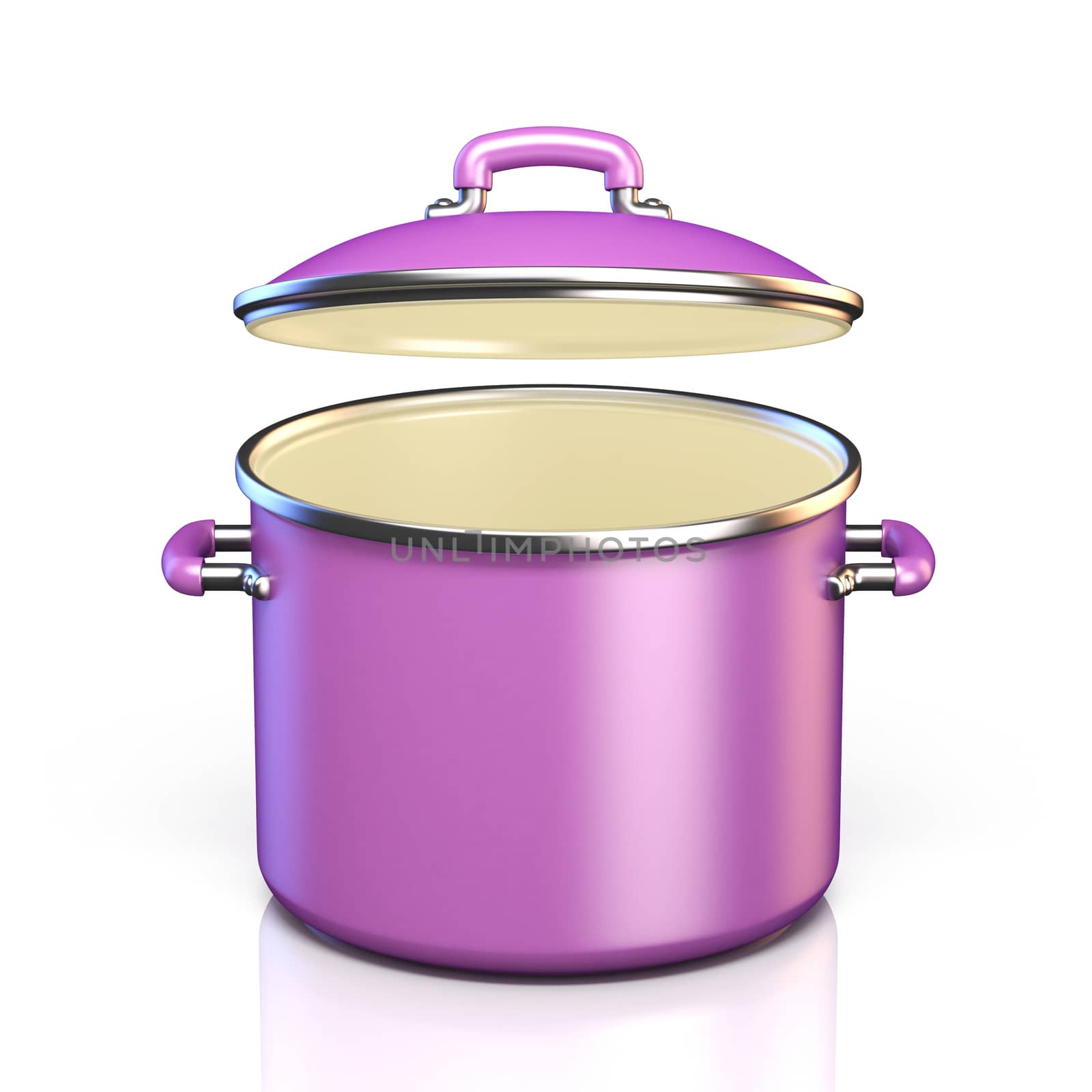 Purple cooking pot open lid 3D render illustration isolated on white background