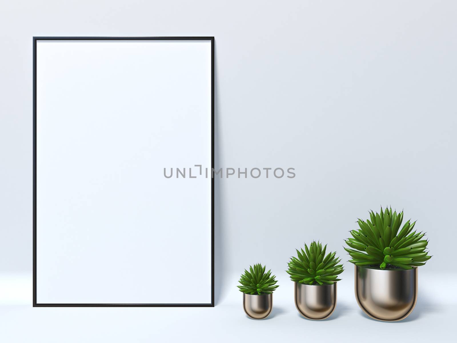 Mock up poster with three succulent pots 3D render illustration