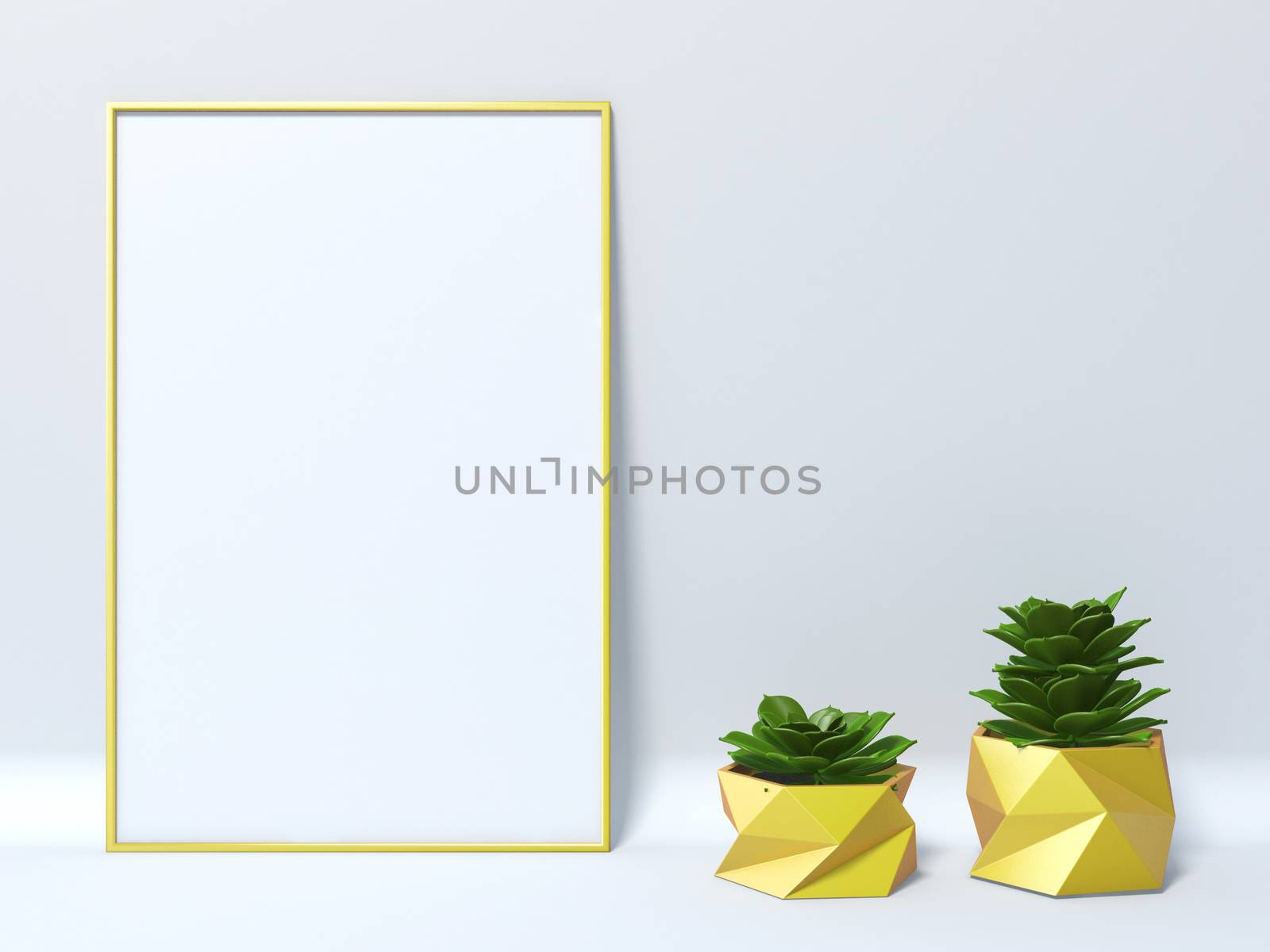 Mock up yellow blank picture frame with two succulent 3D render illustration