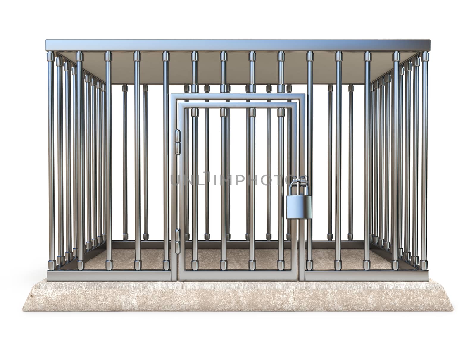 Metal cage with lock front view 3D render illustration isolated on white background