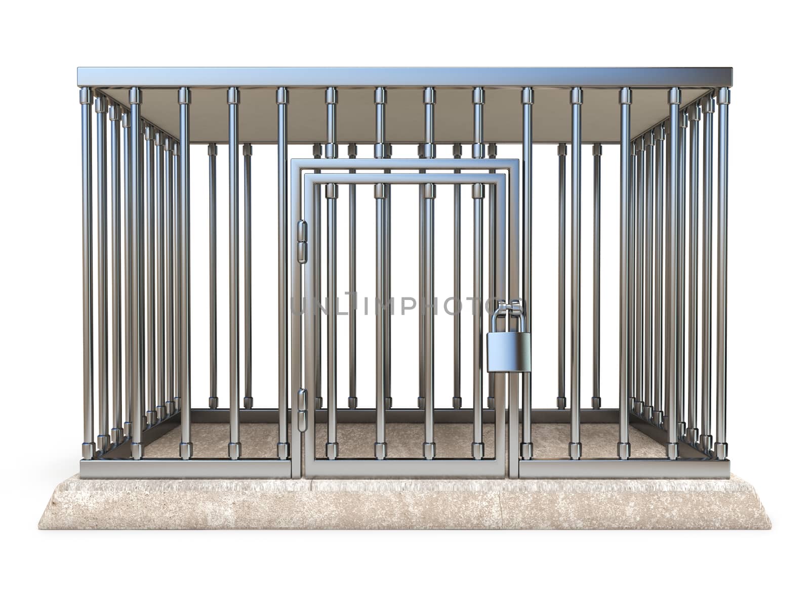 Metal cage with lock front view 3D render illustration isolated on white background