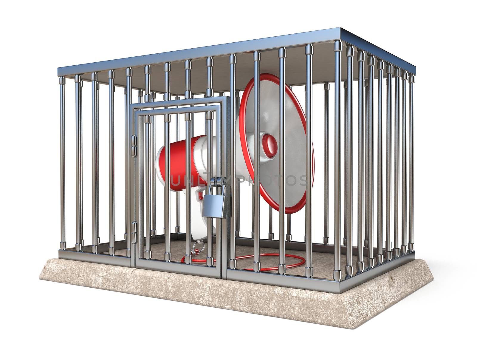 Megaphone inside metal cage 3D render illustration isolated on white background