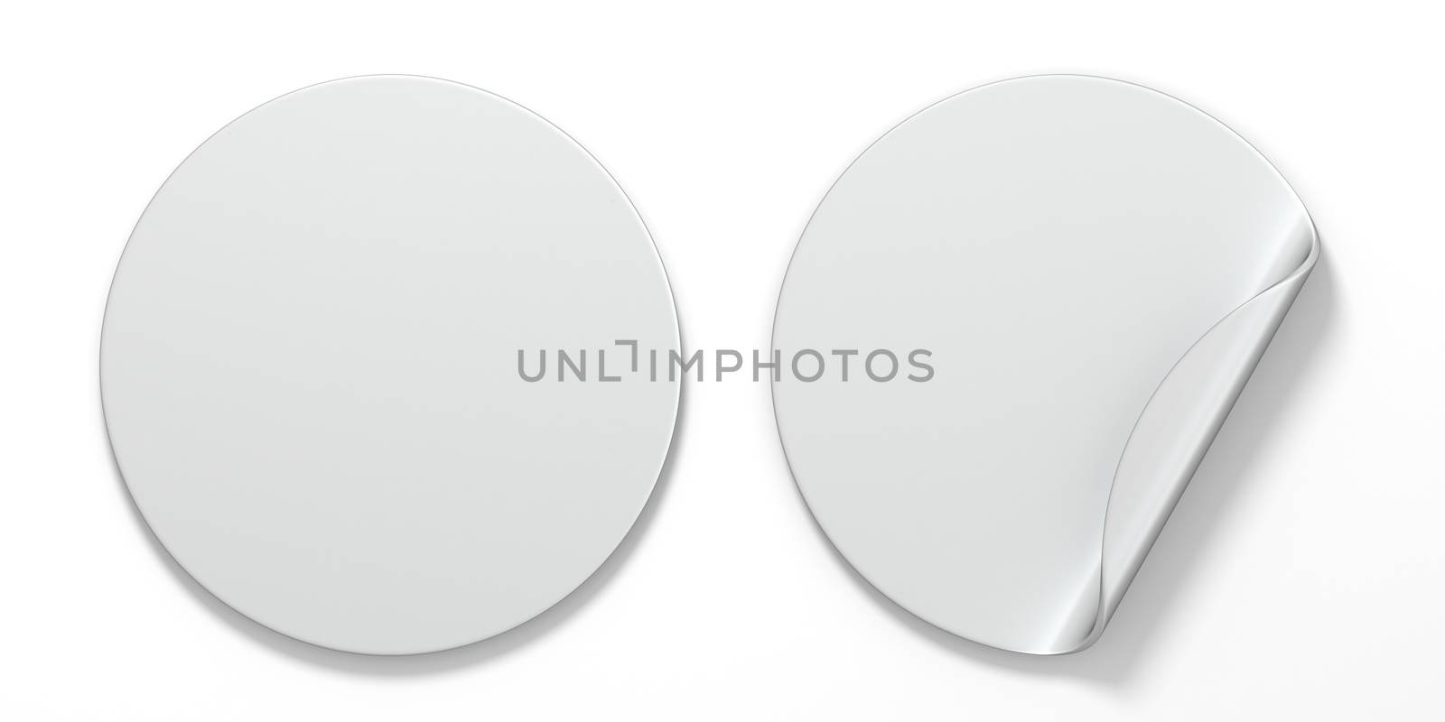 Blank white circle stickers with curved corner 3D render illustration isolated on white background