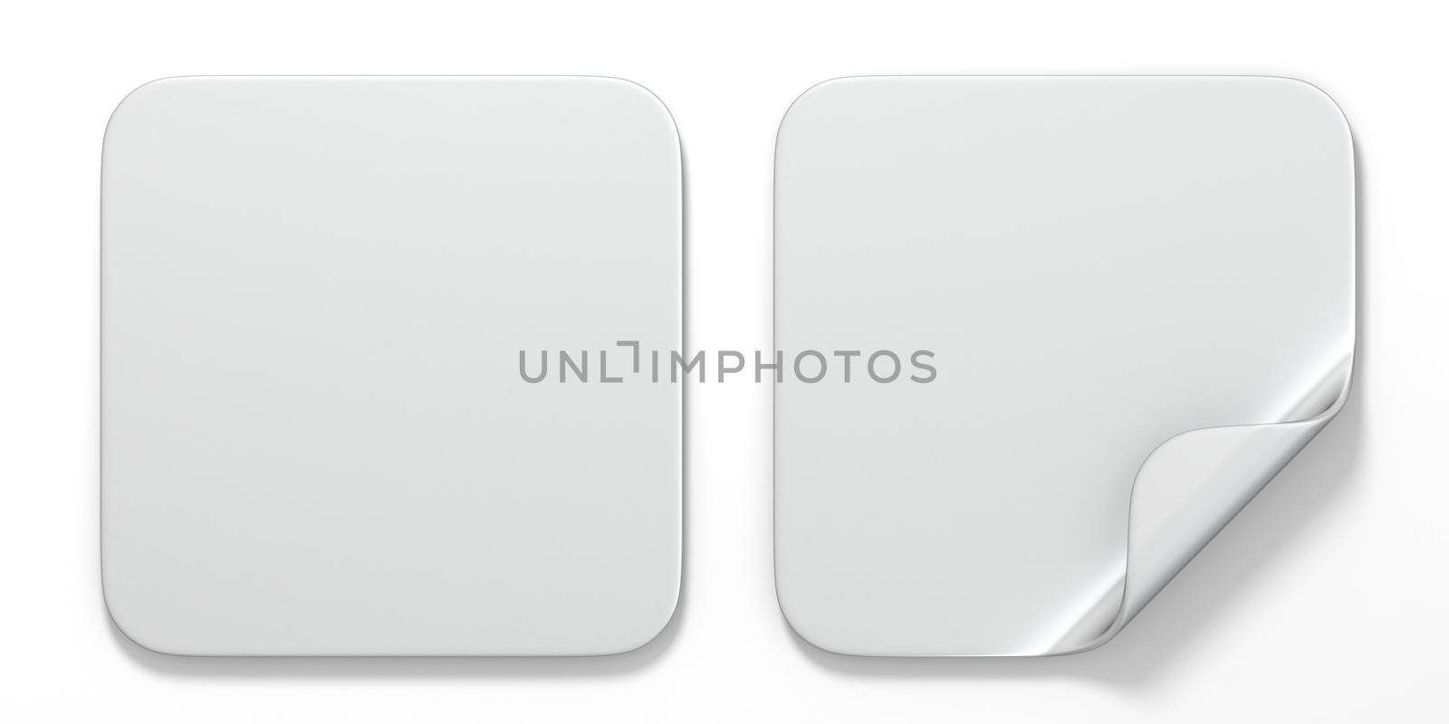 Blank white square stickers with curved corner 3D render illustration isolated on white background