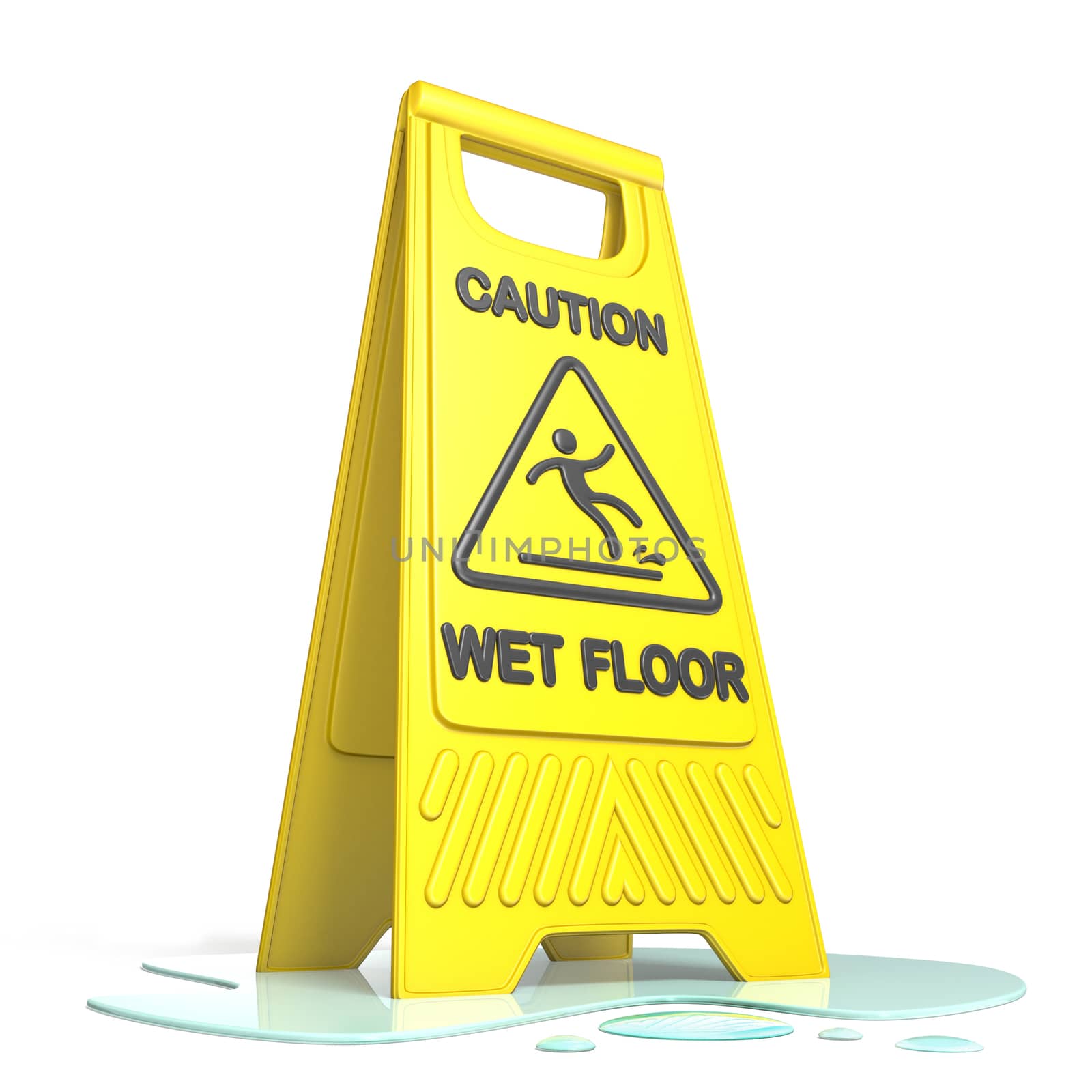 Yellow caution slippery wet floor sign 3D rendering illustration isolated on white background