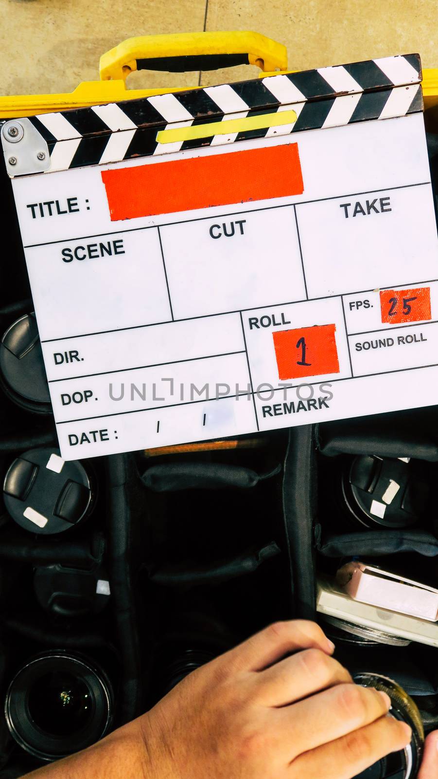 Film production crew equipment, close up of movie Clapper board by ponsulak