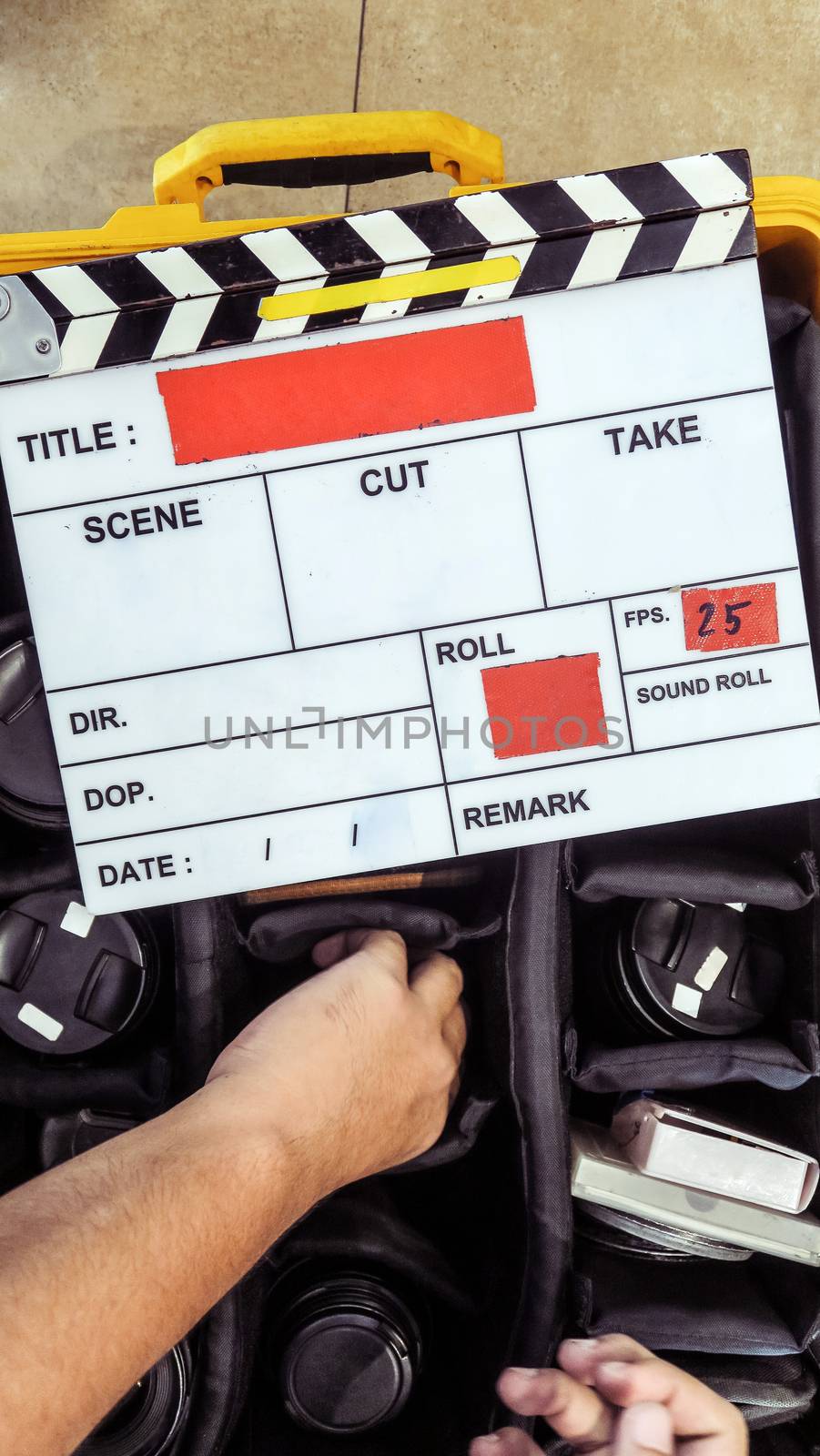 Film production crew equipment, close up of movie Clapper board by ponsulak