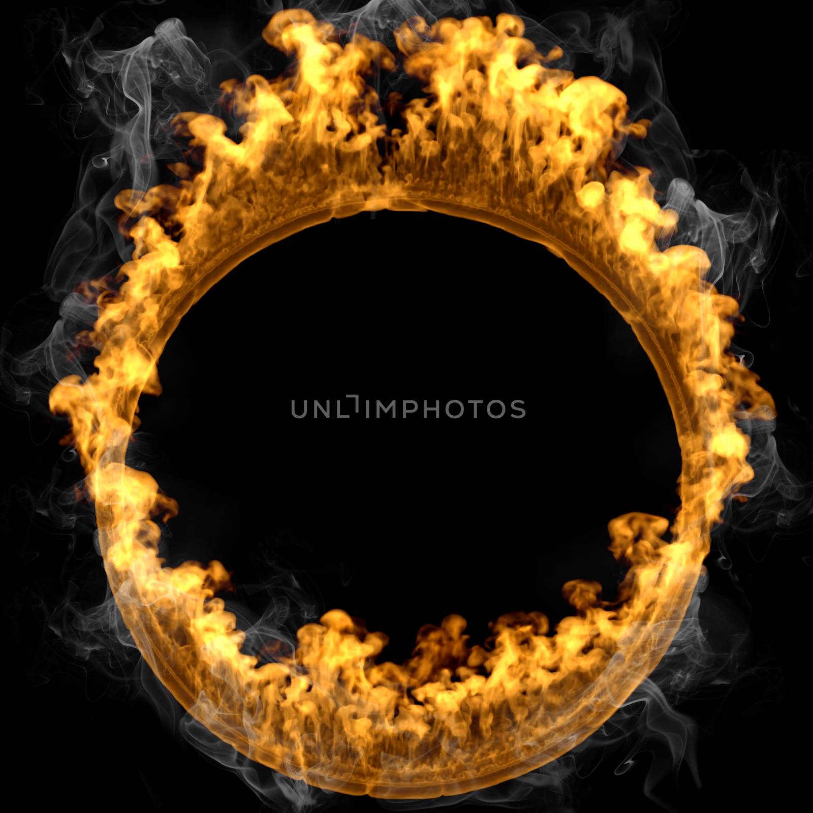 3d rendering fire frame circle isolated over black and smoke background