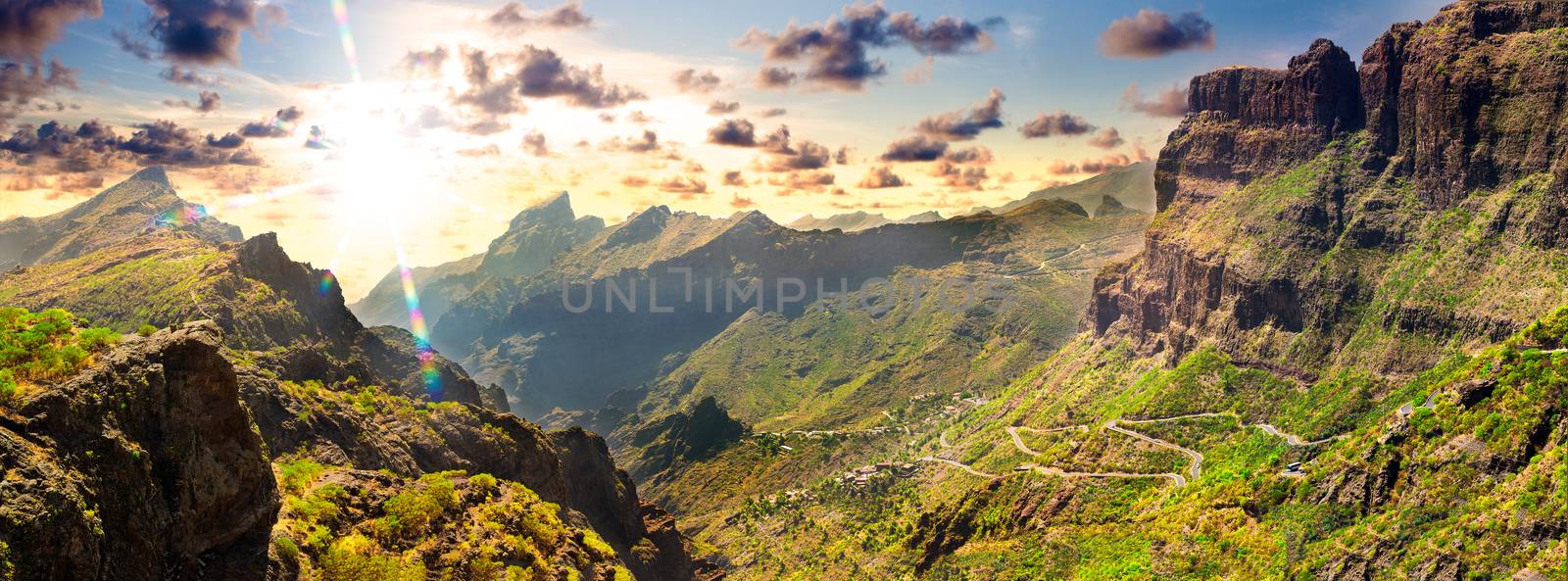 Masca valley.Canary island.Tenerife.Scenic mountain landscape.Cactus,vegetation and sunset panorama in Tenerife