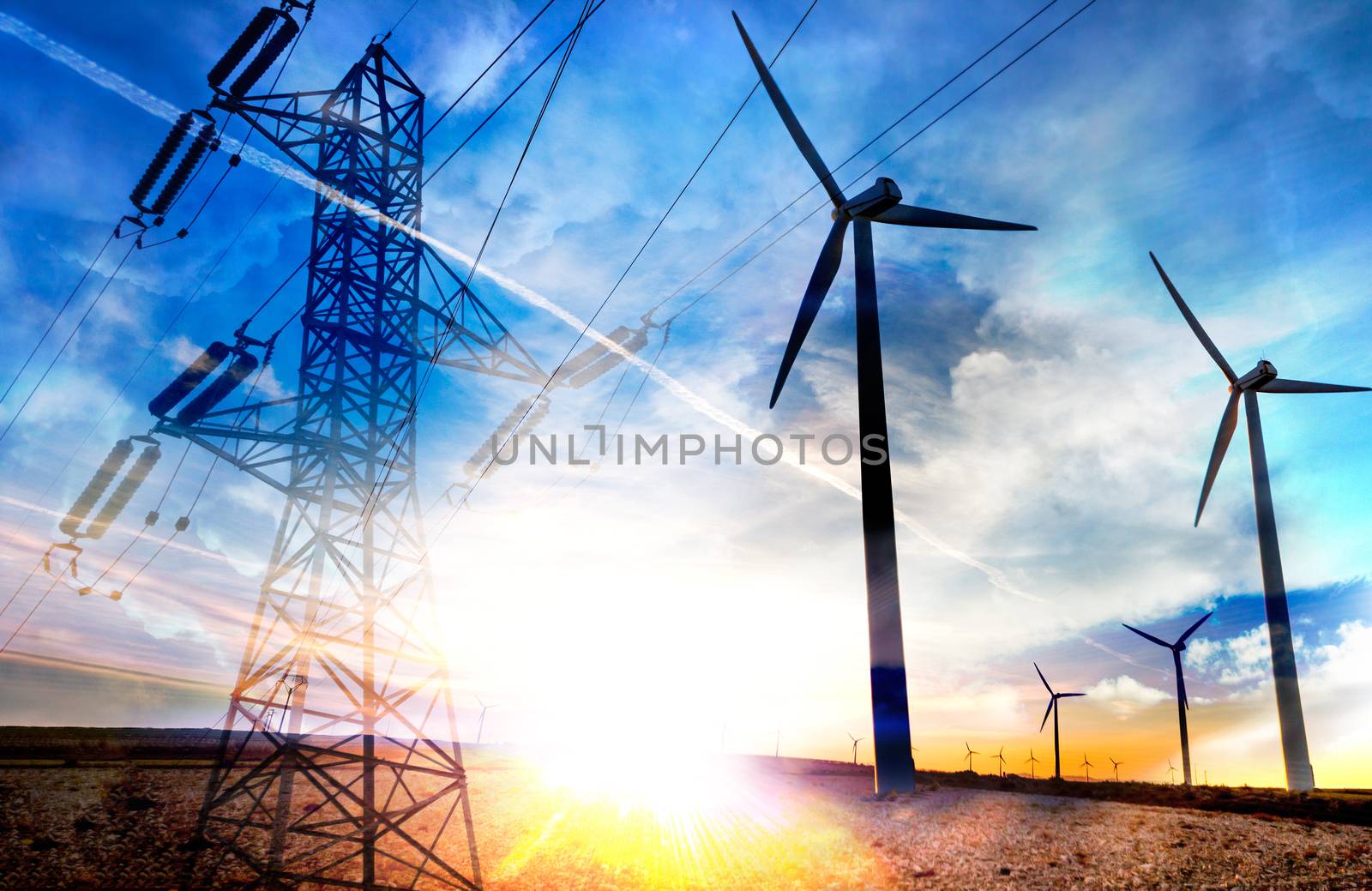 abstract double exposure renewable energies. Wind farm. Wind Turbines