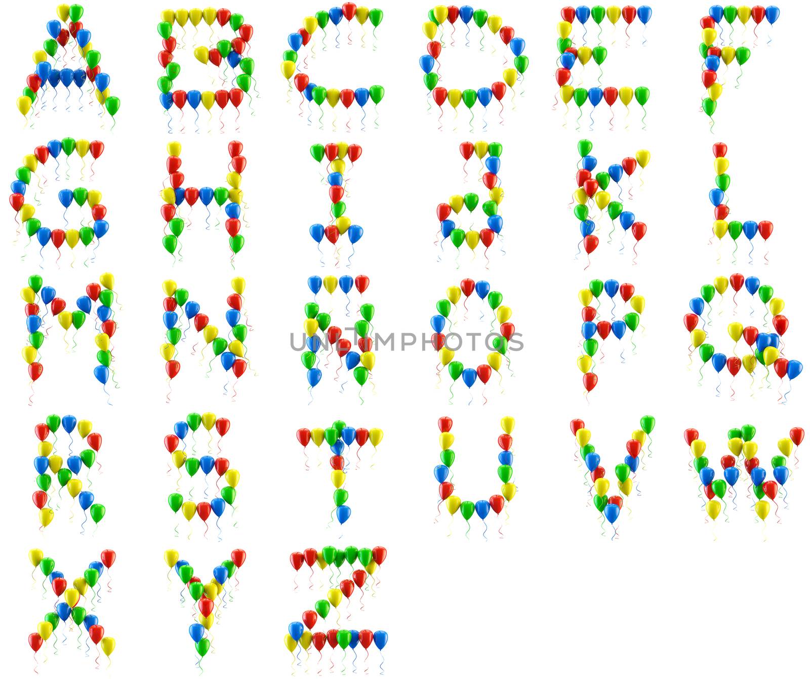 3D rendering.Funny balloons alphabet for birthday party and celebrations
