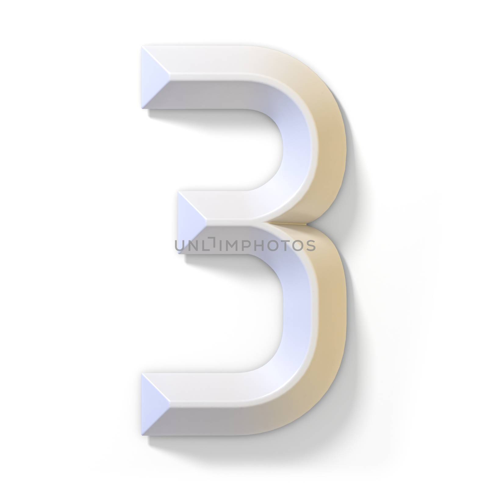 White dimensional font number 3 THREE 3D render illustration isolated on white background