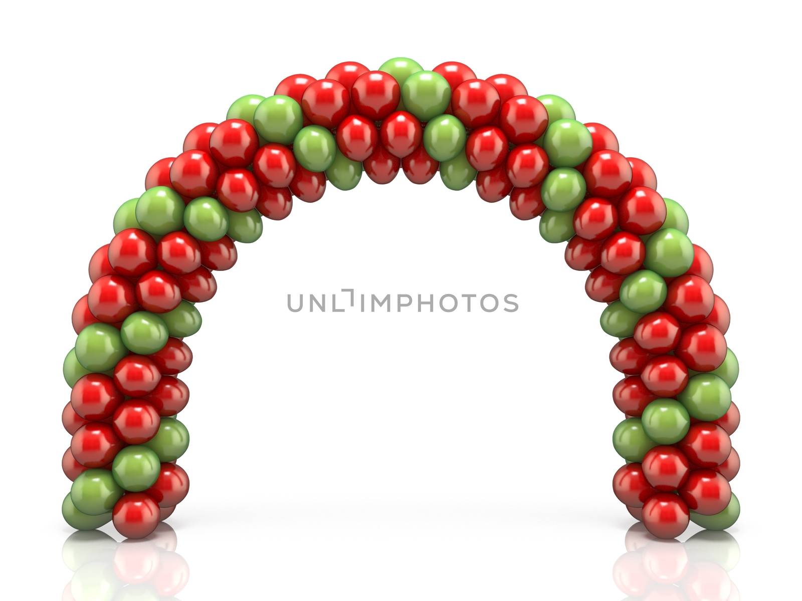 Arc made of red and green balloons 3D render illustration isolated on white background