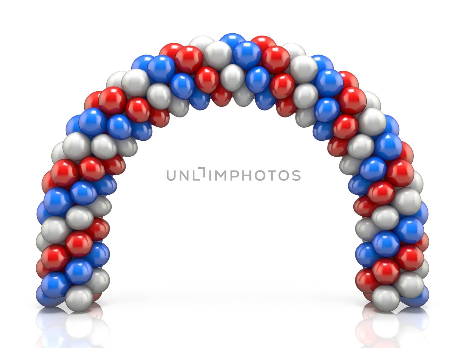 Arc made of white, red blue balloons 3D render illustration isolated on white background