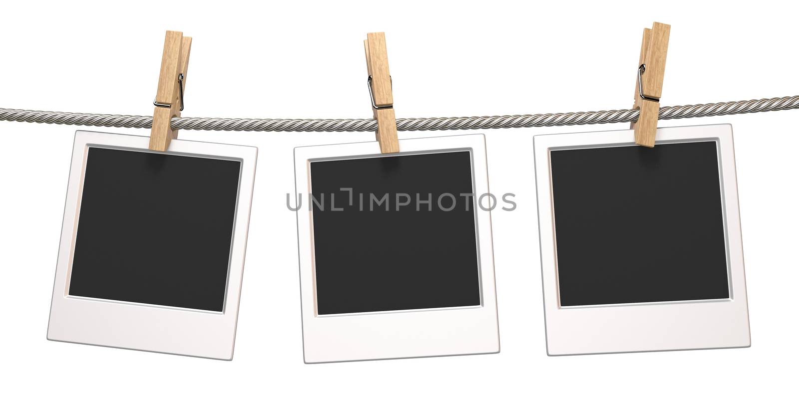 Clothes pin and three blank photo papers hanging on rope 3D render illustration isolated on white background
