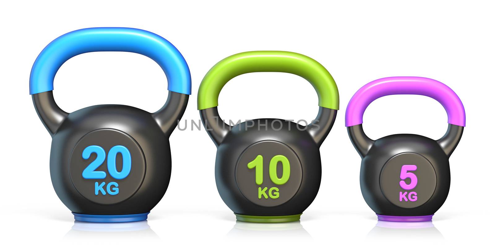 Three kettle bells 3D render illustration by djmilic