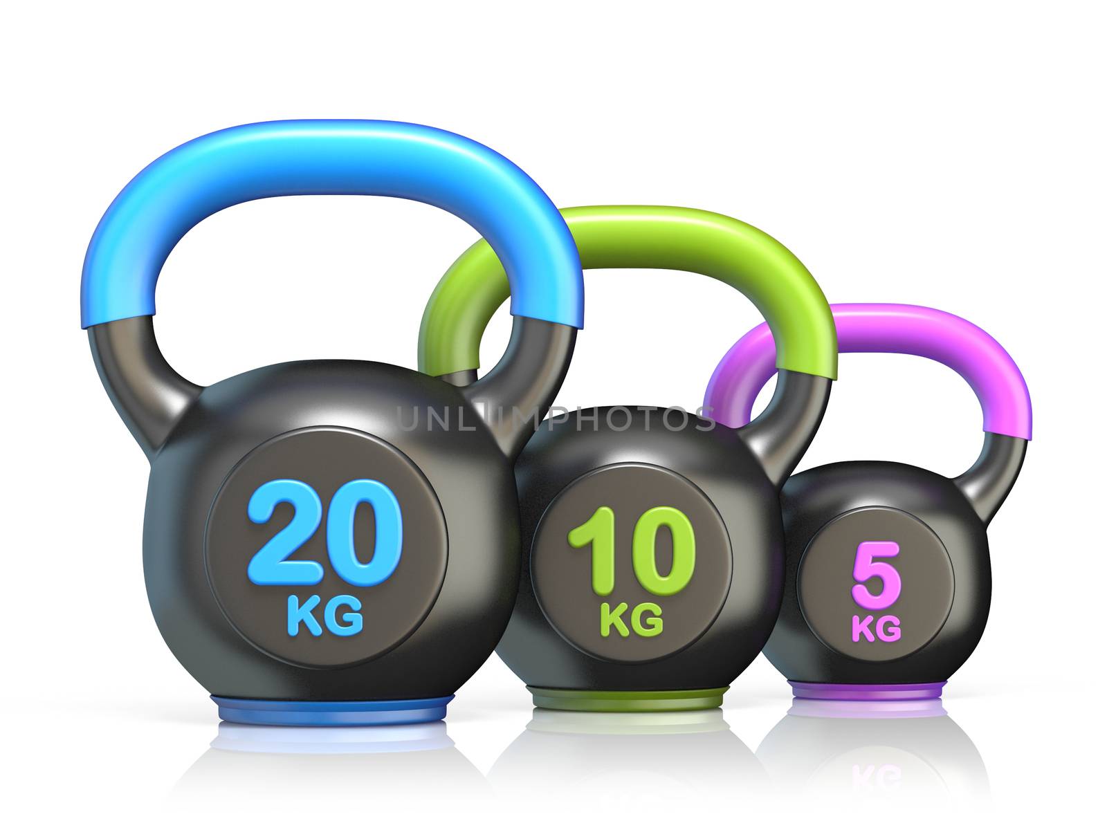 Three kettle bells 3D render illustration isolated on white background