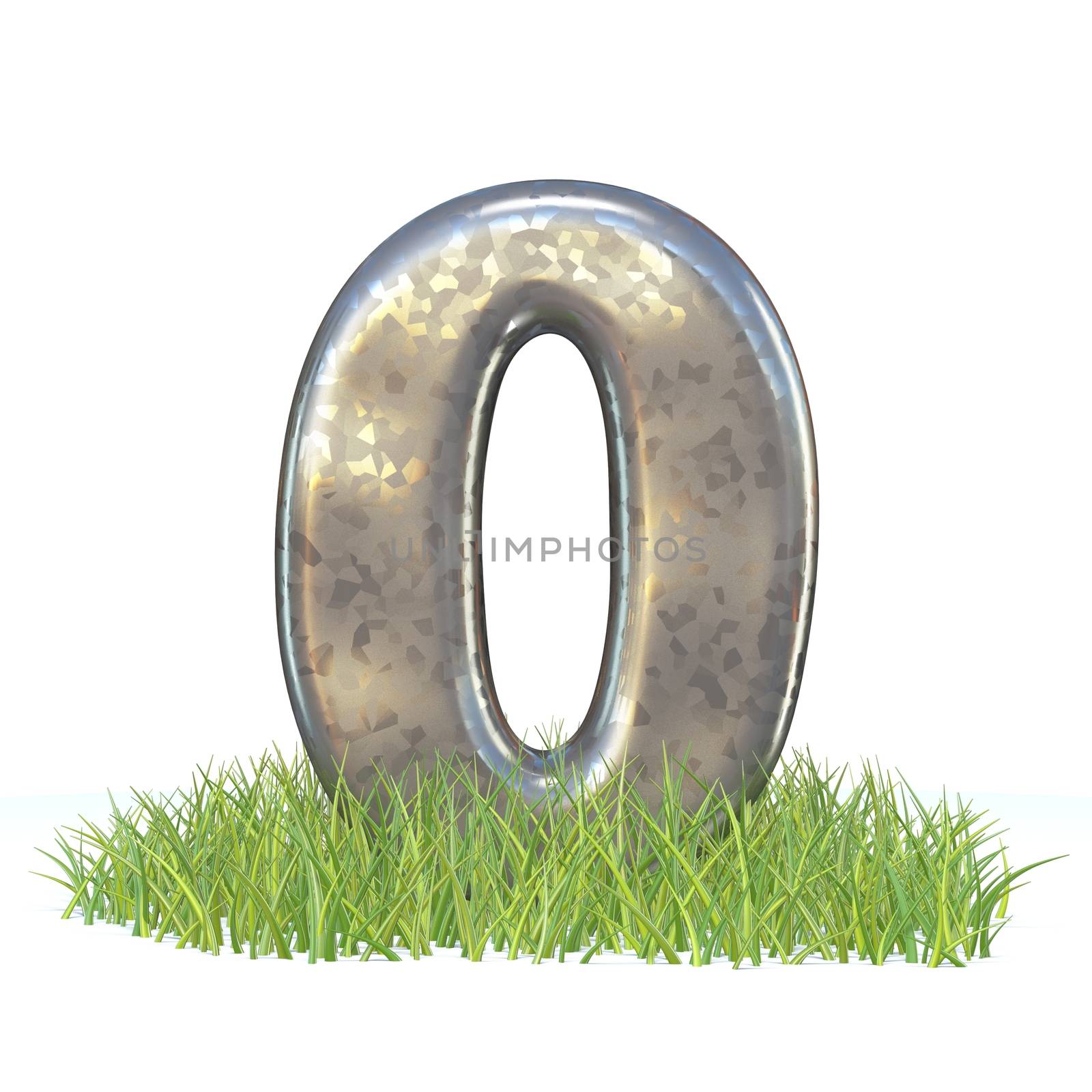 Galvanized metal font Number ZERO 0 in grass 3D render illustration isolated on white background