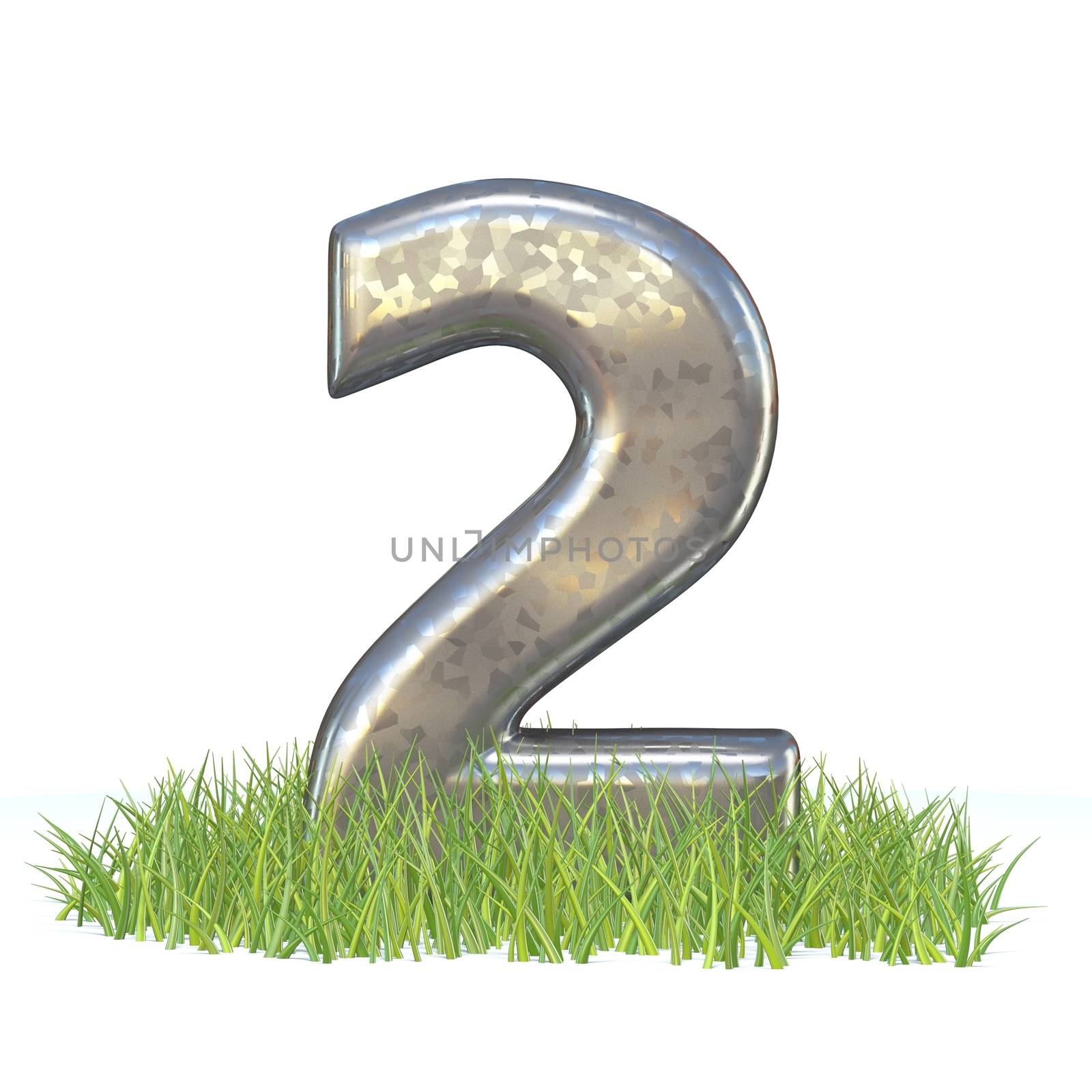 Galvanized metal font Number TWO 2 in grass 3D render illustration isolated on white background