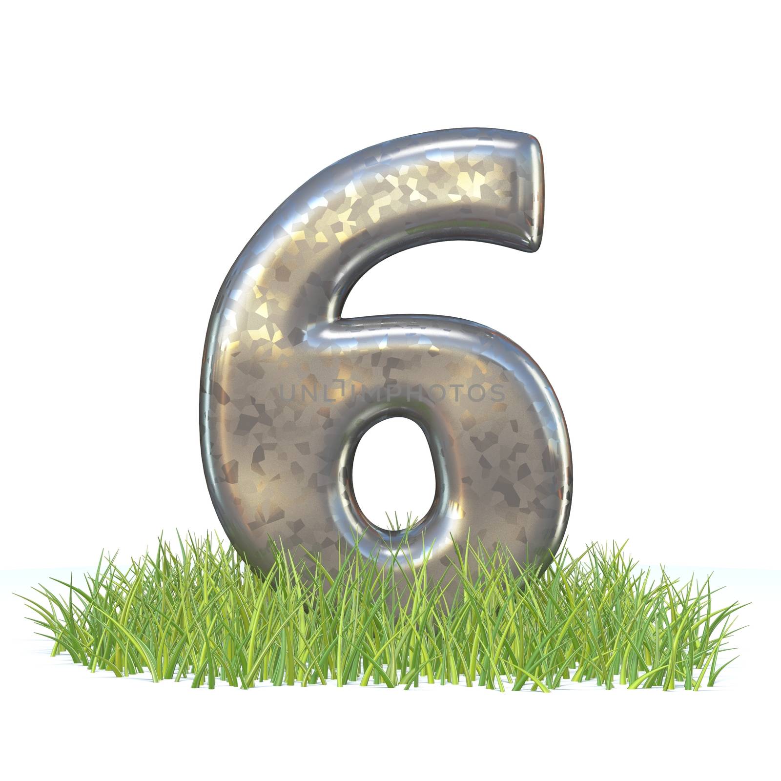 Galvanized metal font Number SIX 6 in grass 3D render illustration isolated on white background