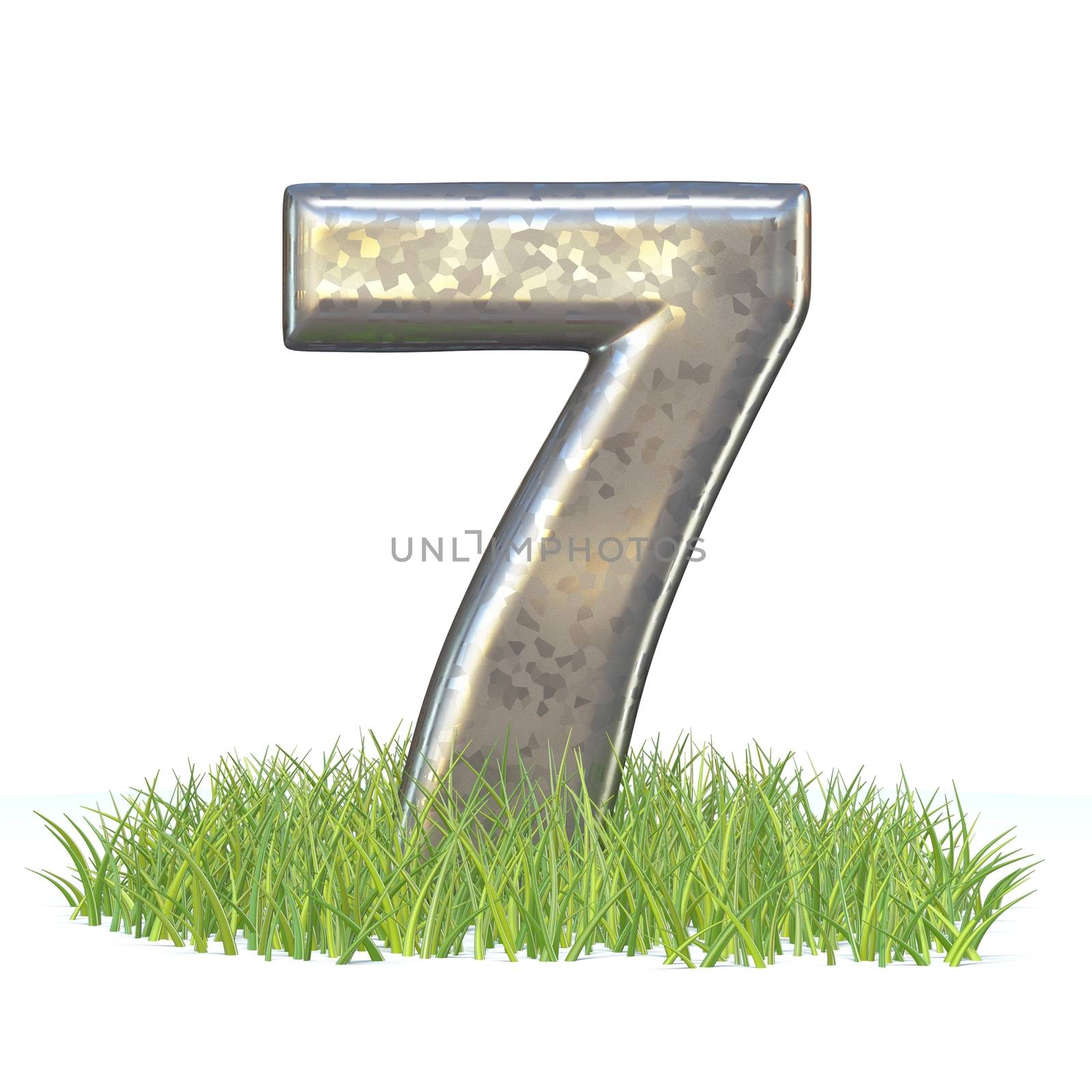 Galvanized metal font Number SEVEN 7 in grass 3D render illustration isolated on white background