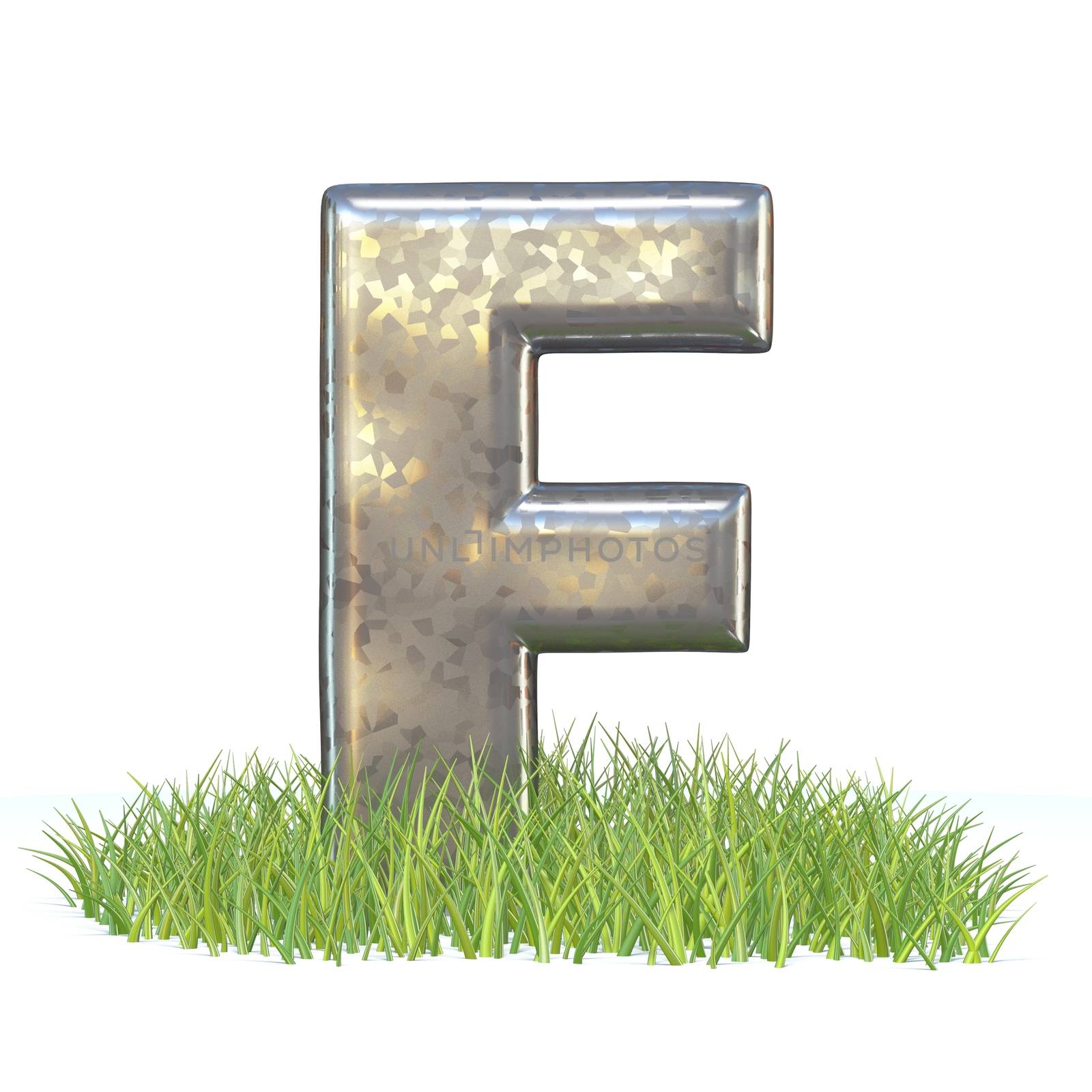 Galvanized metal font Letter F in grass 3D render illustration isolated on white background