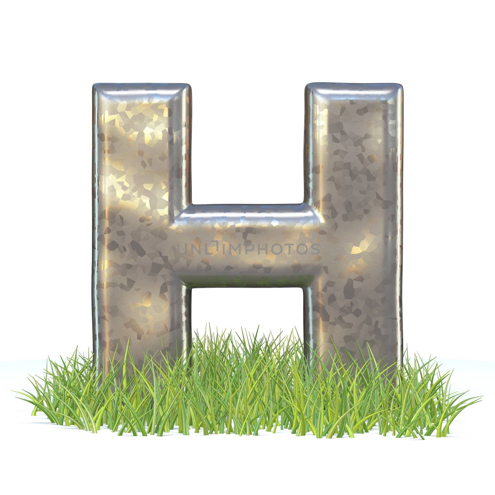 Galvanized metal font Letter H in grass 3D render illustration isolated on white background