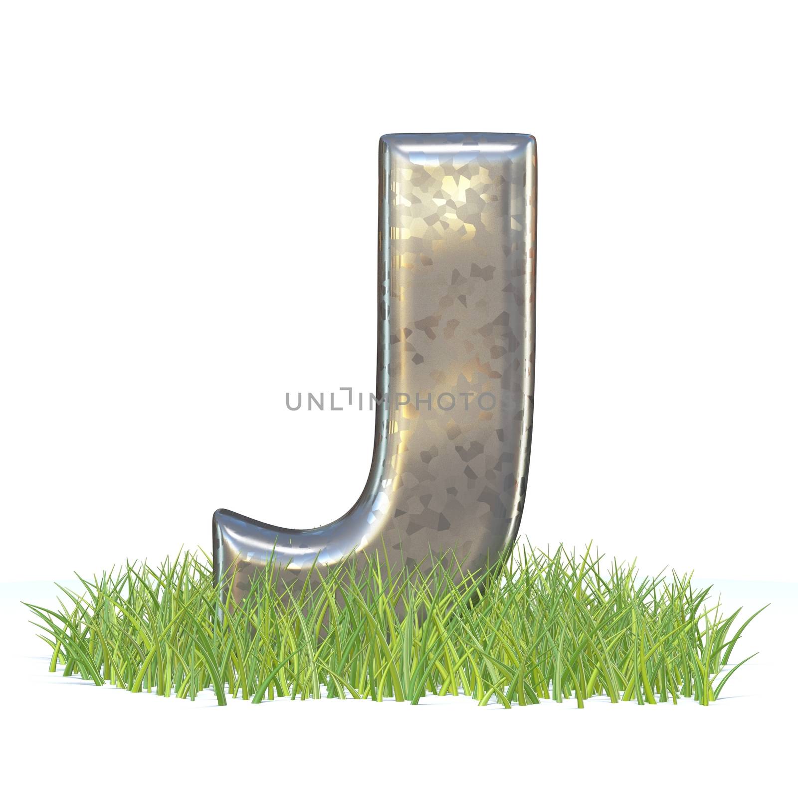 Galvanized metal font Letter J in grass 3D render illustration isolated on white background