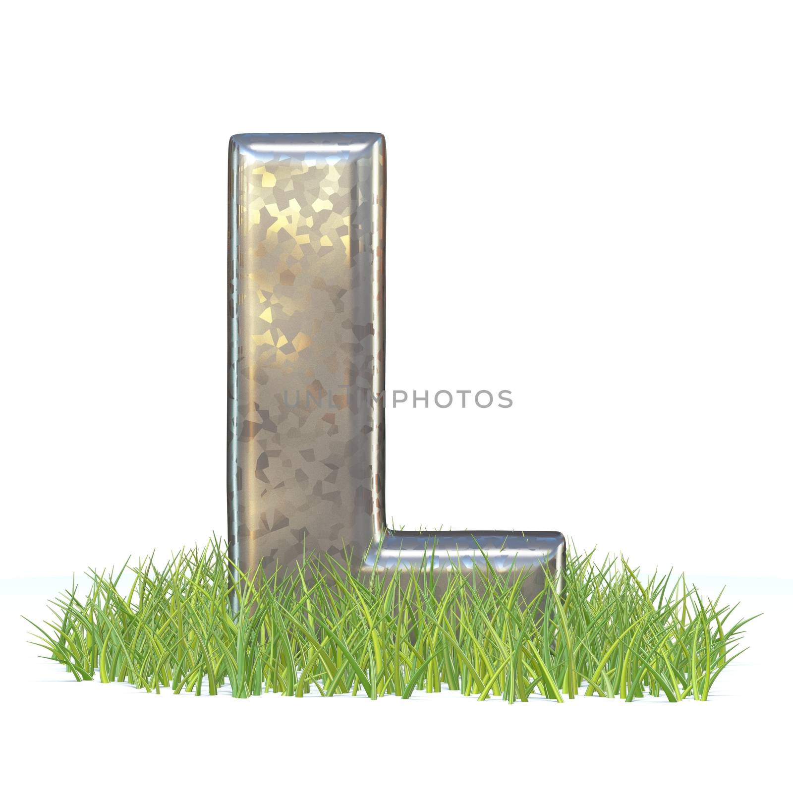 Galvanized metal font Letter L in grass 3D render illustration isolated on white background