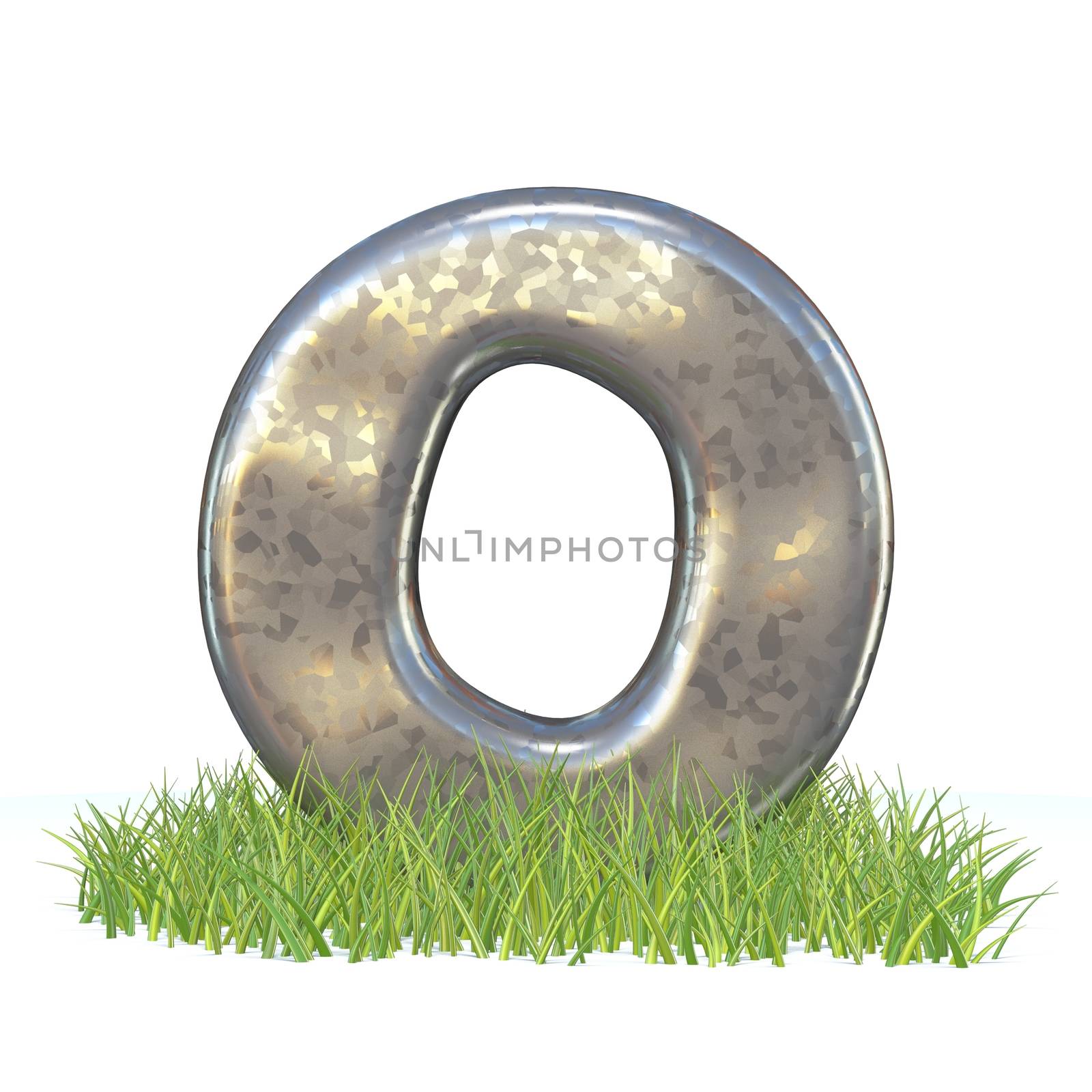 Galvanized metal font Letter O in grass 3D render illustration isolated on white background