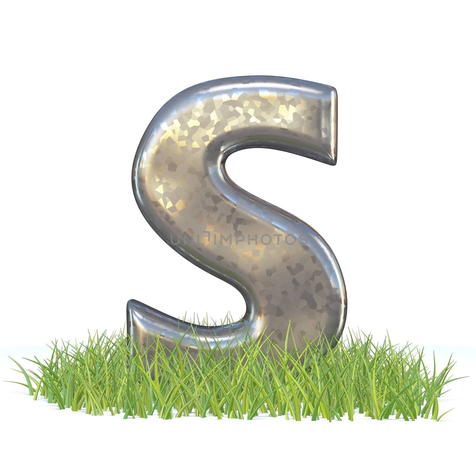 Galvanized metal font Letter S in grass 3D render illustration isolated on white background